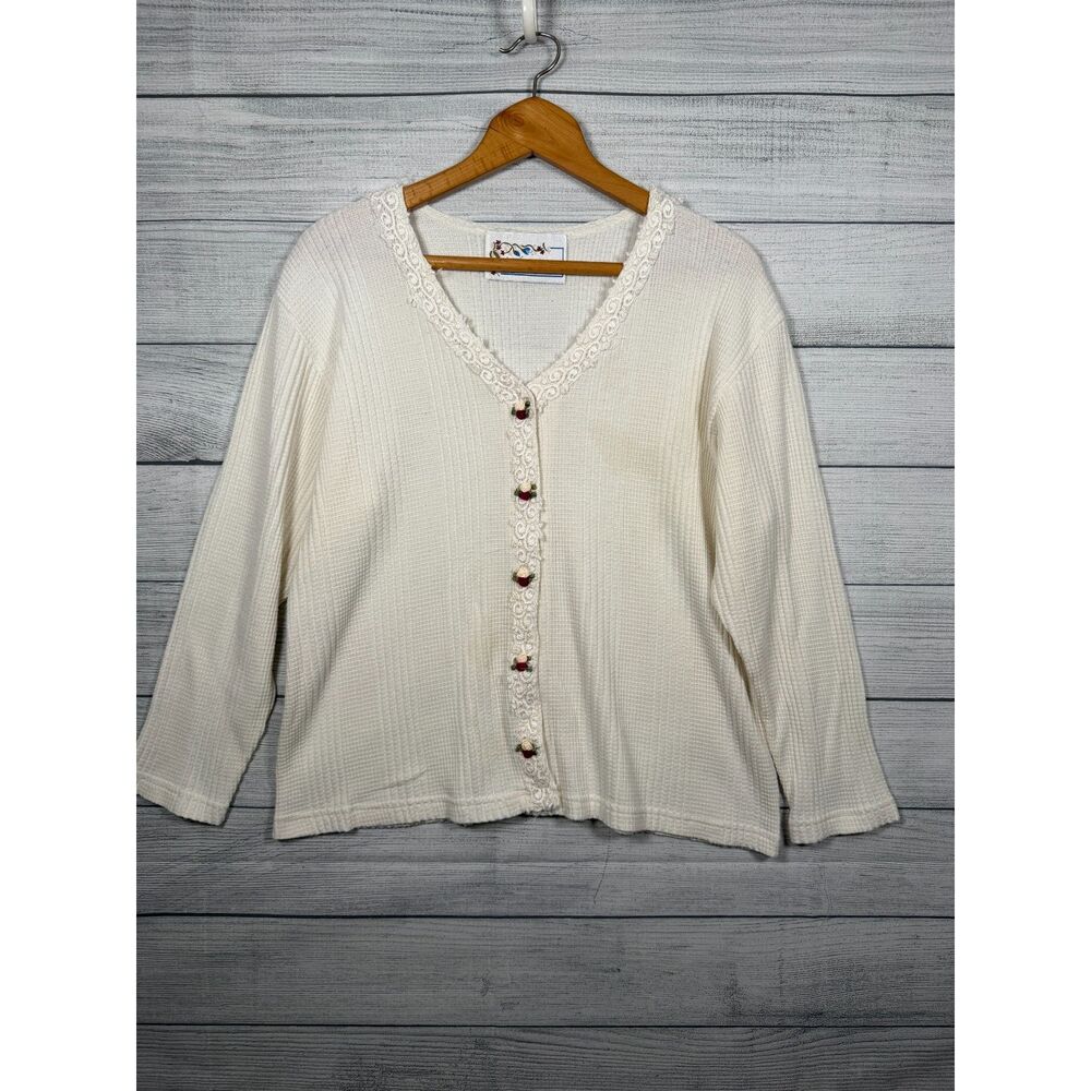 Golden Touch Women's Large Ivory Waffle Knit Rose Button Cardigan Top 4570